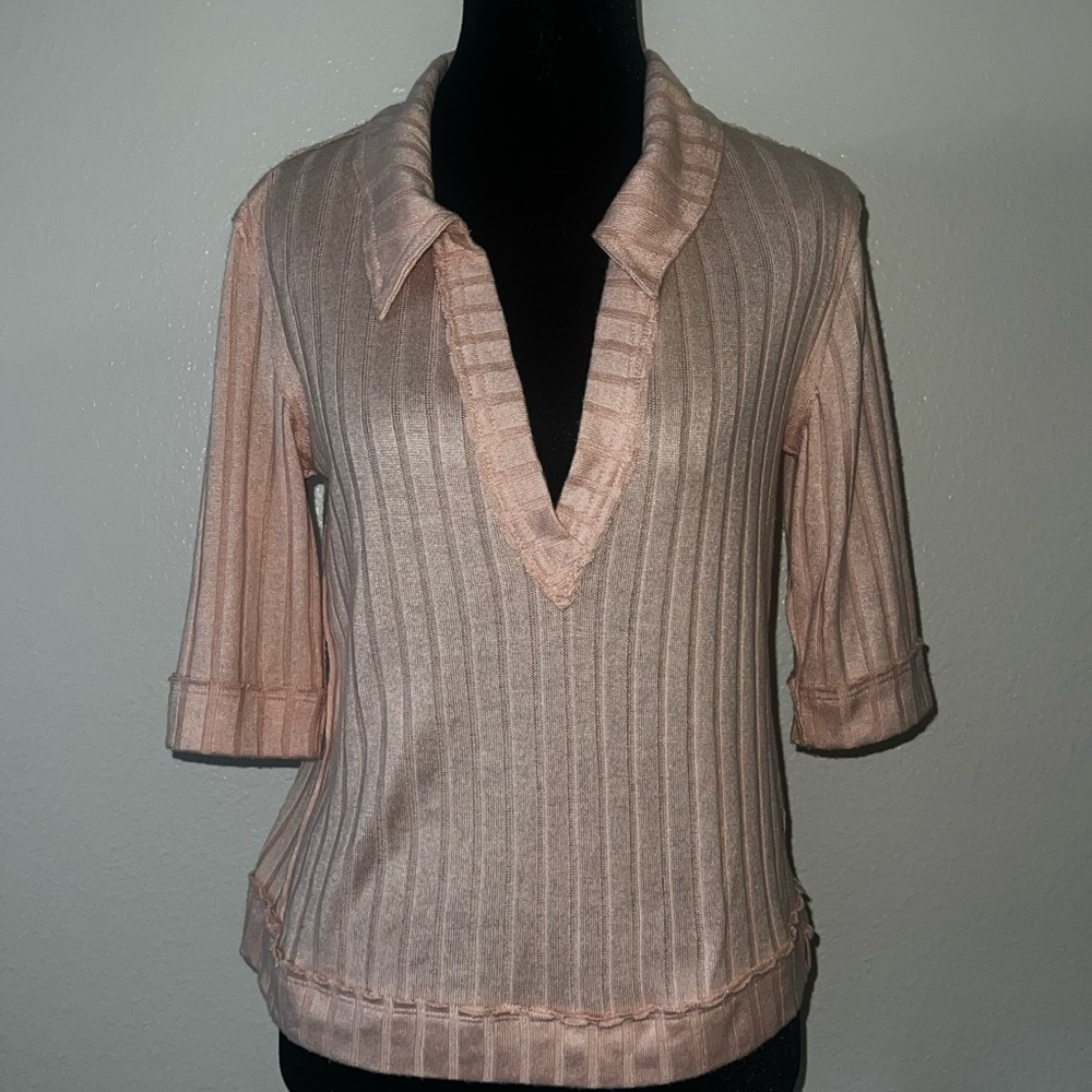 We The Free Krystal Polo Peach Shirt Ribbed Casual Collared Short Sleeve Medium